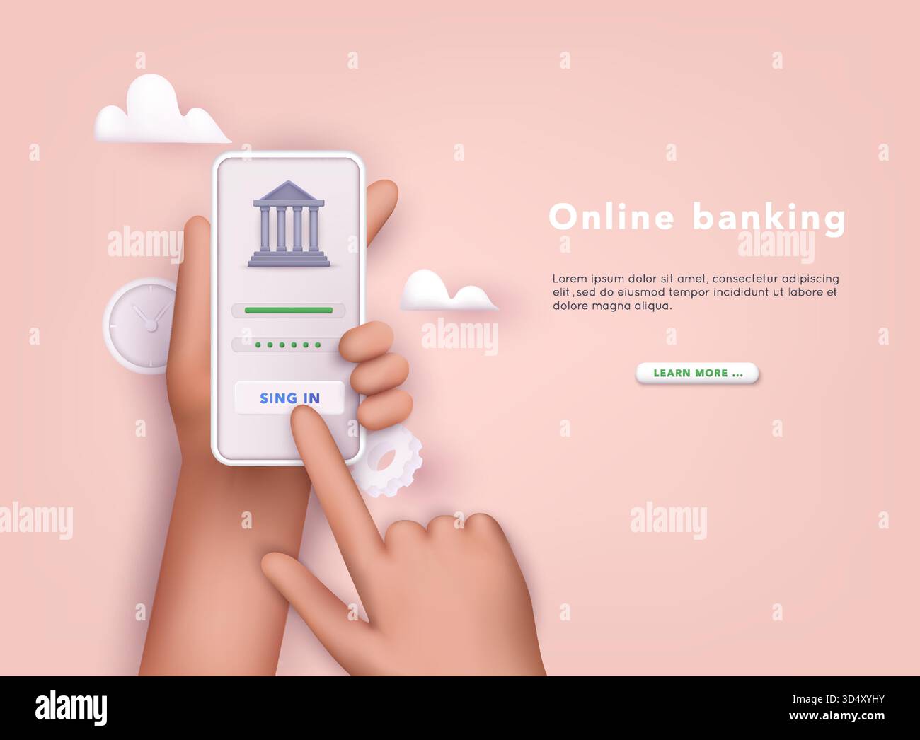 Online banking app on a mobile phone screen. 3D Vector Illustrations. Stock Vector