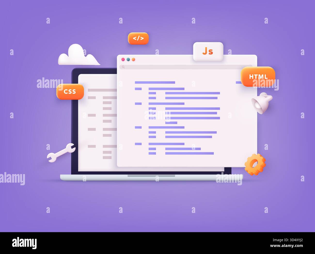 Website programming and coding. Web development and coding. 3D Vector Illustrations. Stock Vector