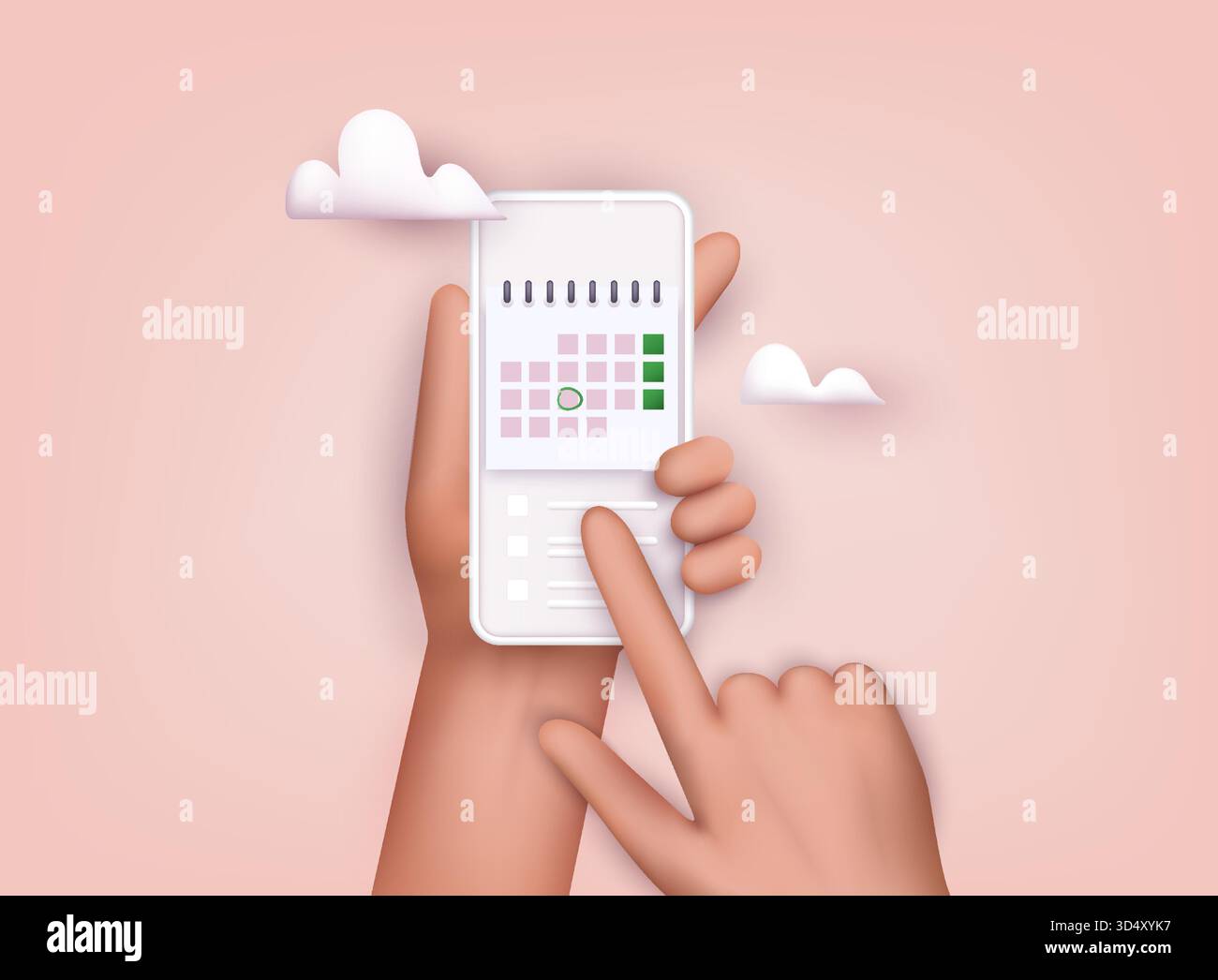 Hand holding mobile smart phone with calendar plan. Vector modern flat creative info graphics design on application. 3D Vector Illustrations. Stock Vector