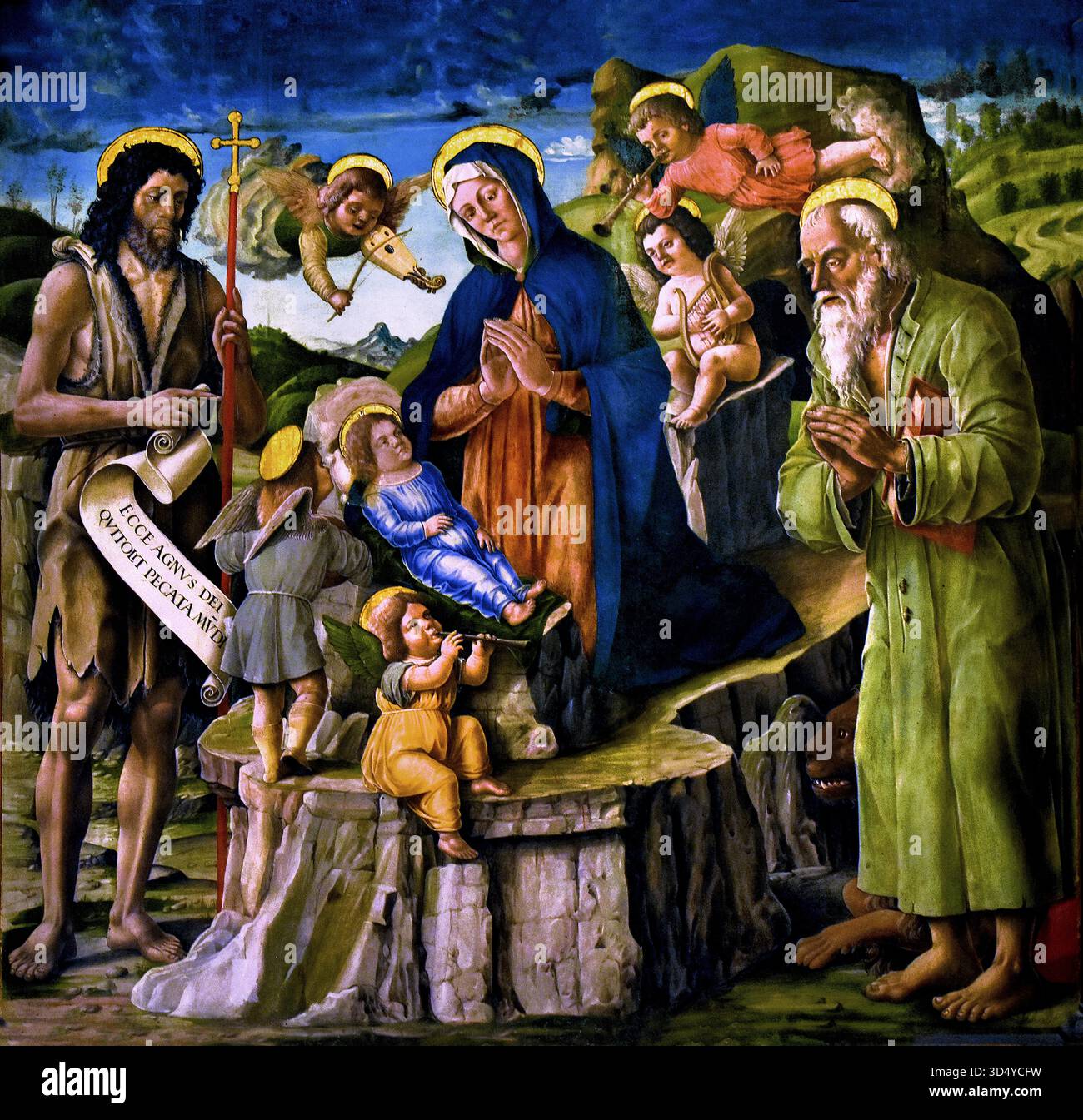 Madonna ei Santi Giovanni Battista e Girolamo adoranti il Bambino - Madonna and Saints John the Baptist and Jerome adoring the Child by Painter Padovana ( Prospero da  Piazzola 1472-1521 ) Italy Italian Stock Photo
