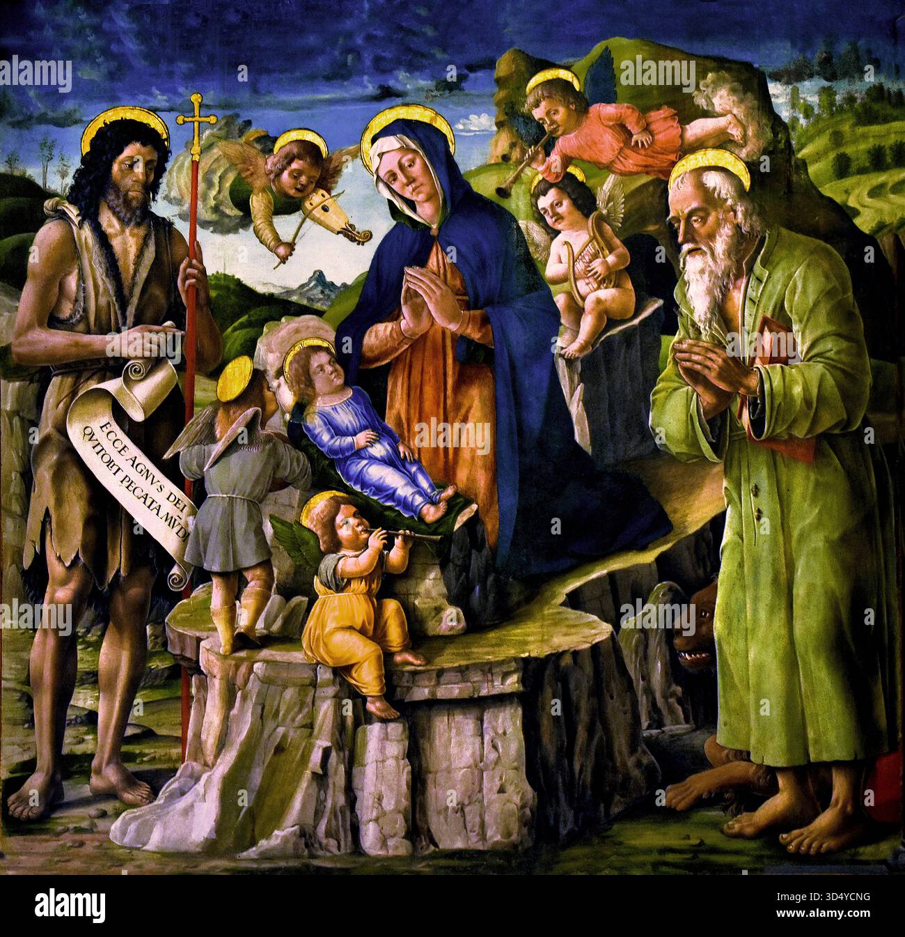 Madonna ei Santi Giovanni Battista e Girolamo adoranti il Bambino - Madonna and Saints John the Baptist and Jerome adoring the Child by Painter Padovana ( Prospero da  Piazzola 1472-1521 ) Italy Italian Stock Photo