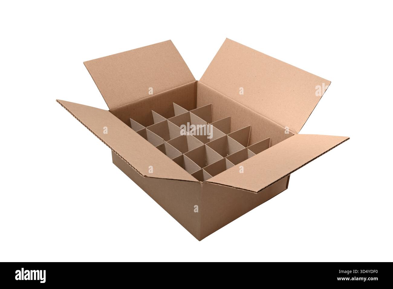 Cardboard box with partitions inside isolated on white background. Stock Photo