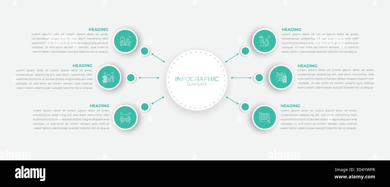 Infographic with six teal icons for business workflow, project steps, and creative process, clean minimal design for professional presentations. Stock Vector