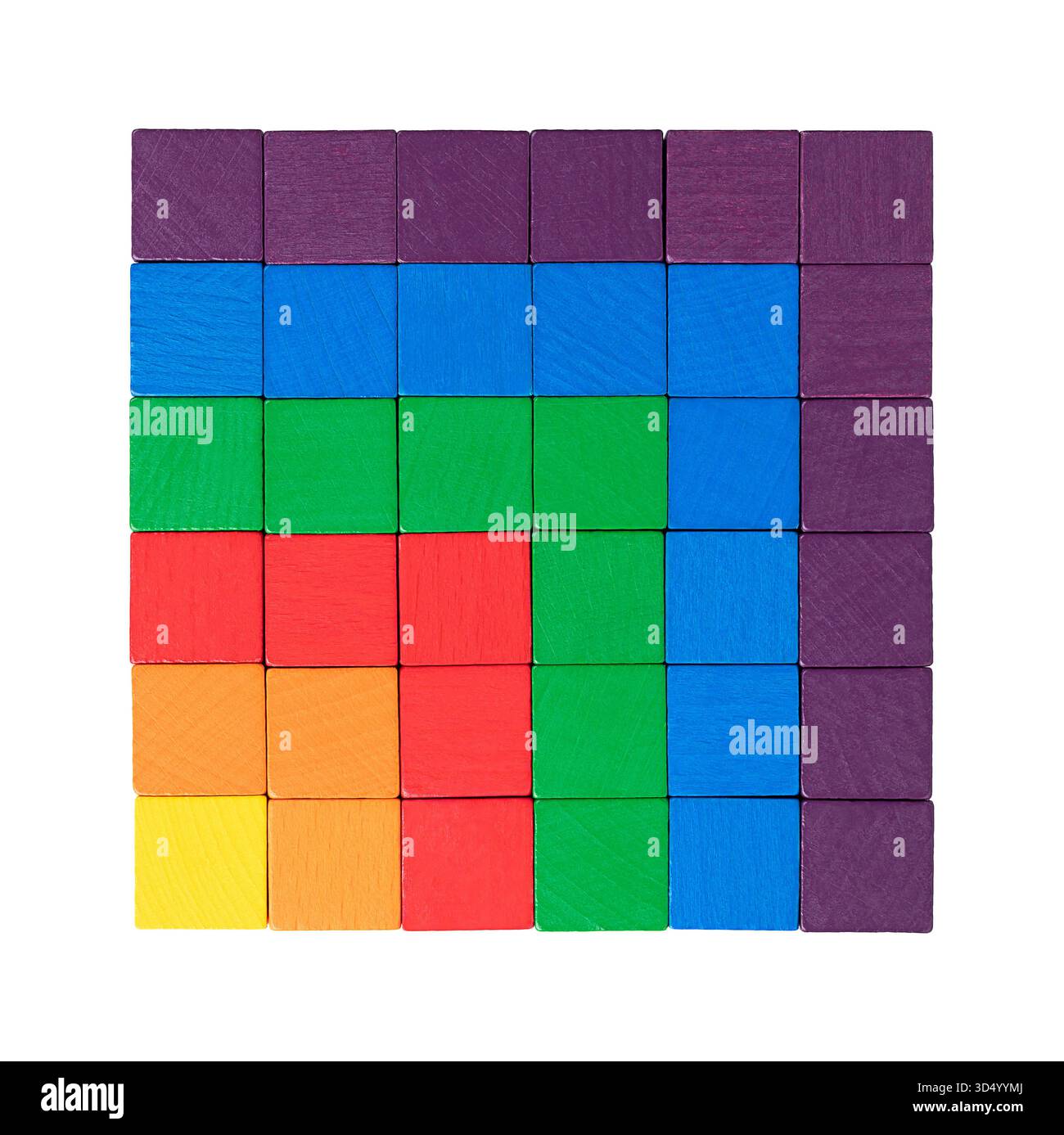 Square number, or perfect square, visualized with wooden color cubes. Integer that is the square of an integer. Stock Photo