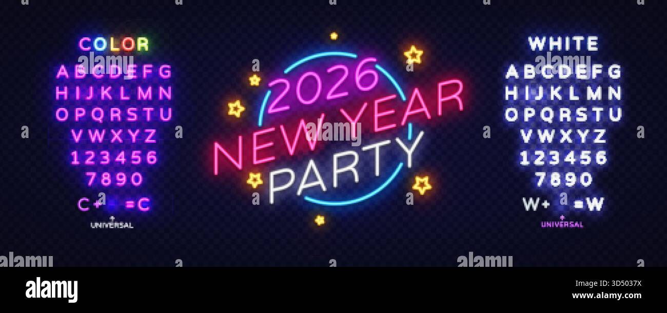 Neon circle with 2026 New Year Party lettering, surrounded by star ...