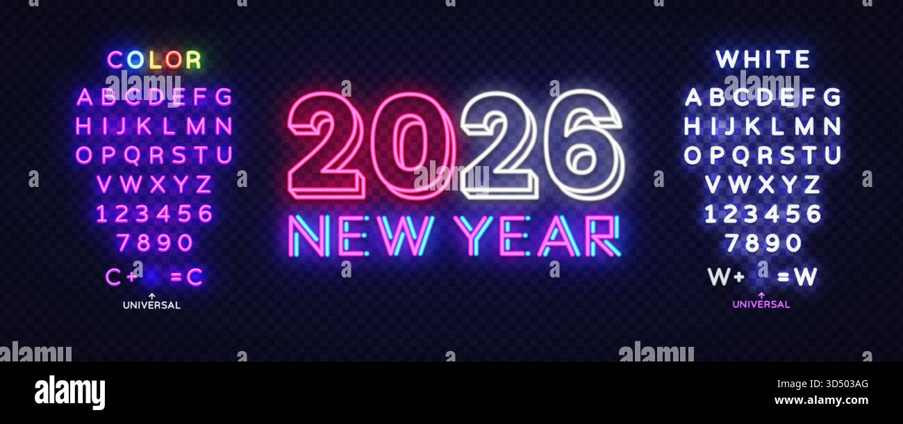 Stylish 2026 New Year neon lettering with glowing alphabets on both ...