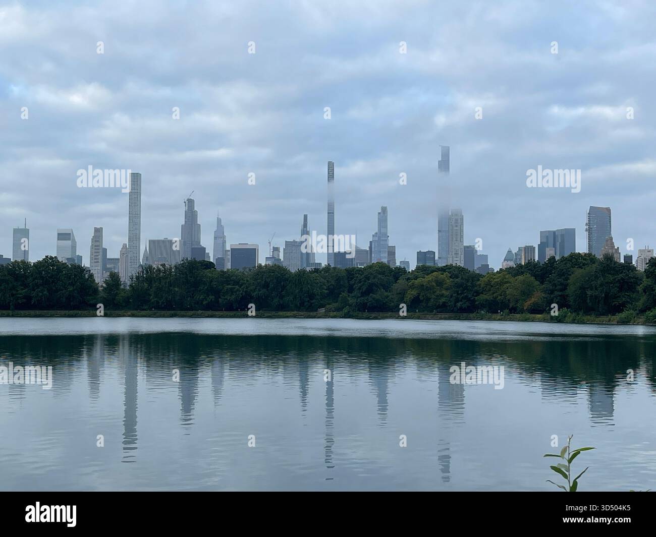 Tranquil reflections in the misty waters of Central Park’s Reservoir. - Smartphone Captured Stock Image