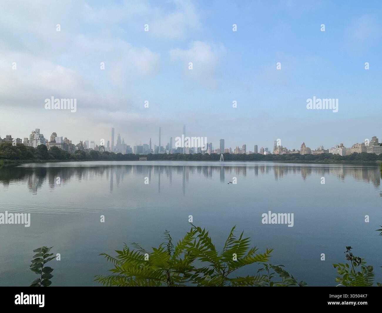 Tranquil reflections in the misty waters of Central Park’s Reservoir. - Smartphone Captured Stock Image