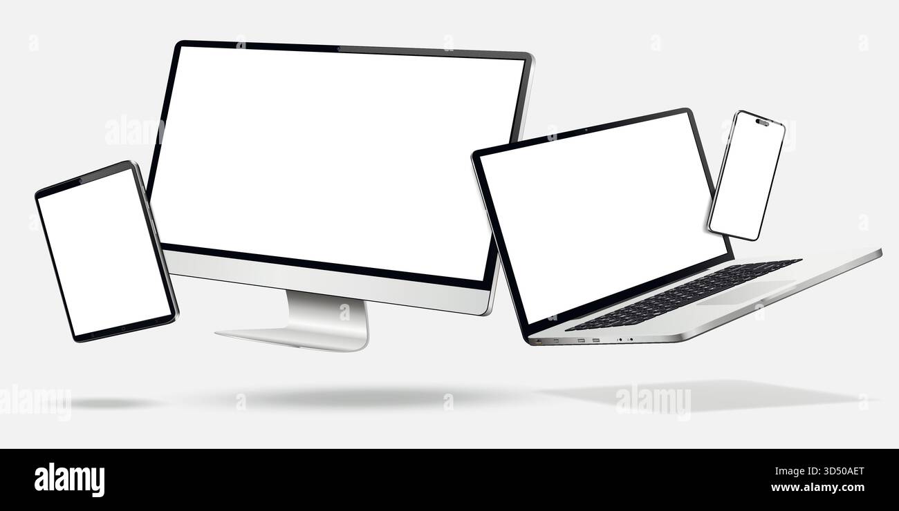 Flying computer display, laptop, tablet, mobile phone with white screen ...