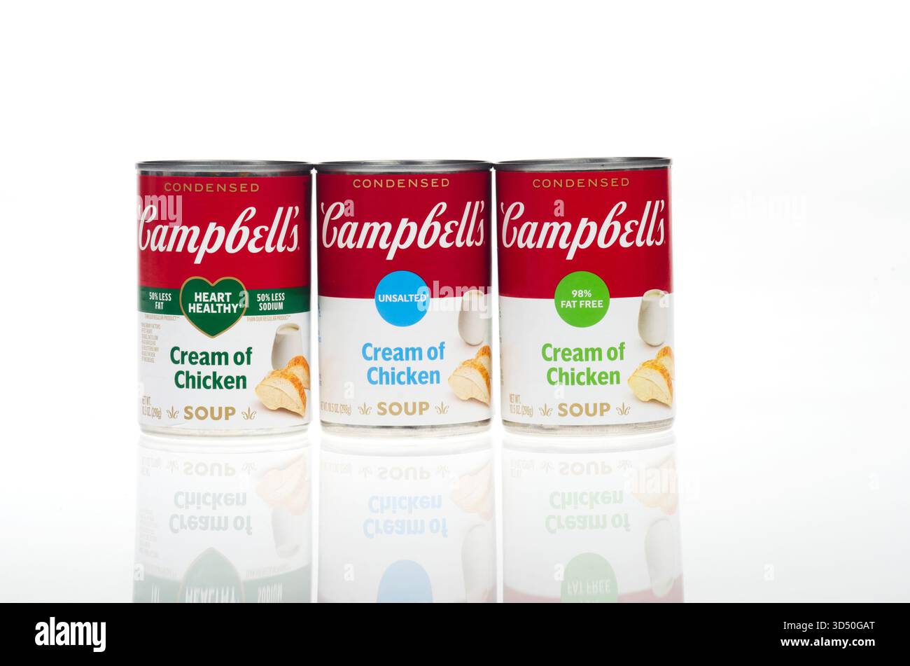 3 cans Campbell's Condensed Soup w/ 1 each Unsalted Cream of Chicken, 98% Fat Free Cream of Chicken and Heart Healthy  Cream of Chicken Stock Photo