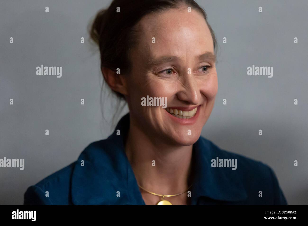 Progressive mayoral candidate Katie Wilson nervously waits for early results during an election night party at El Centro de la Raza in Seattle on Tues Stock Photo