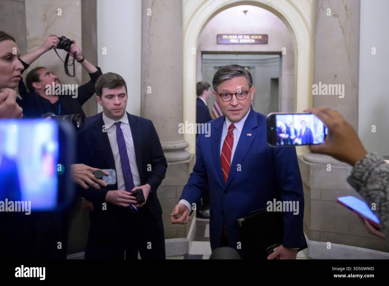 Speaker of the House Mike Johnson, R-La., talks with reporters outside ...