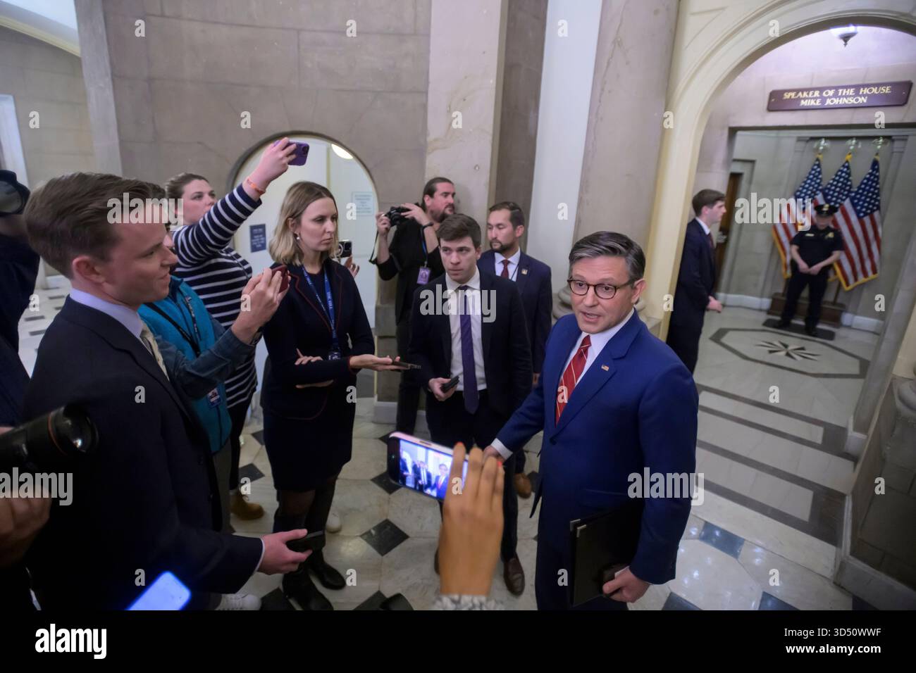 Speaker of the House Mike Johnson, R-La., talks with reporters outside ...
