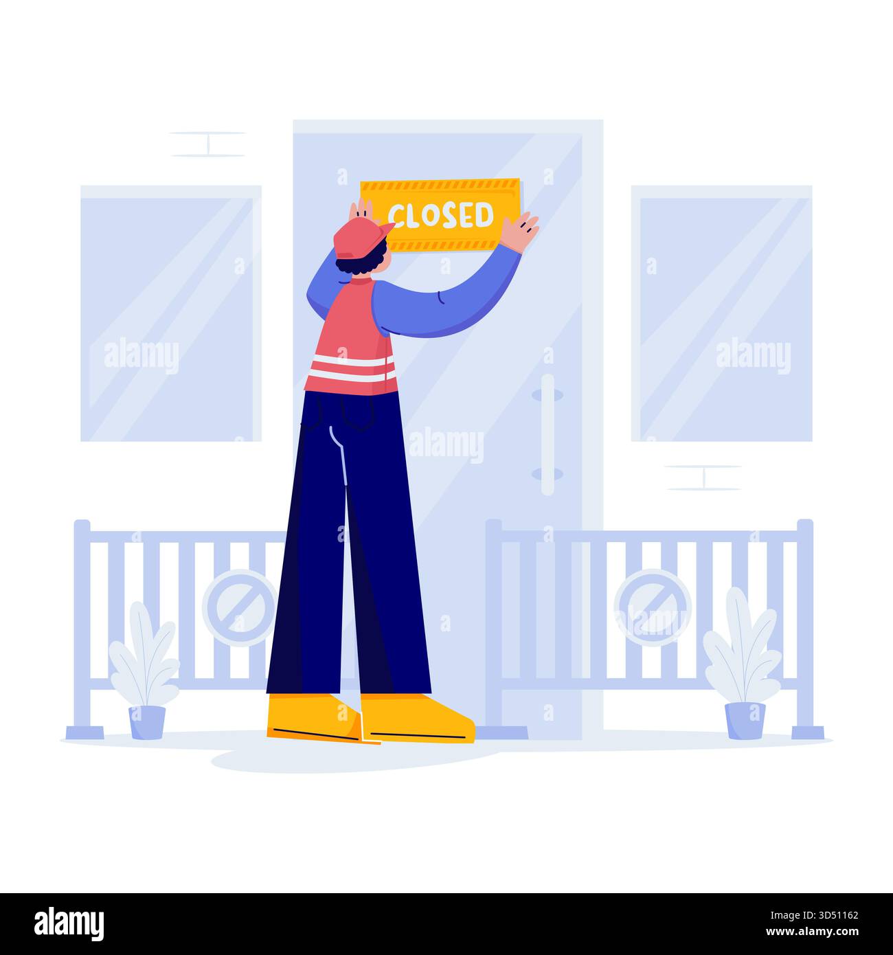 Man Putting Closed Sign on Entrance Door Flat Illustration Stock Vector ...