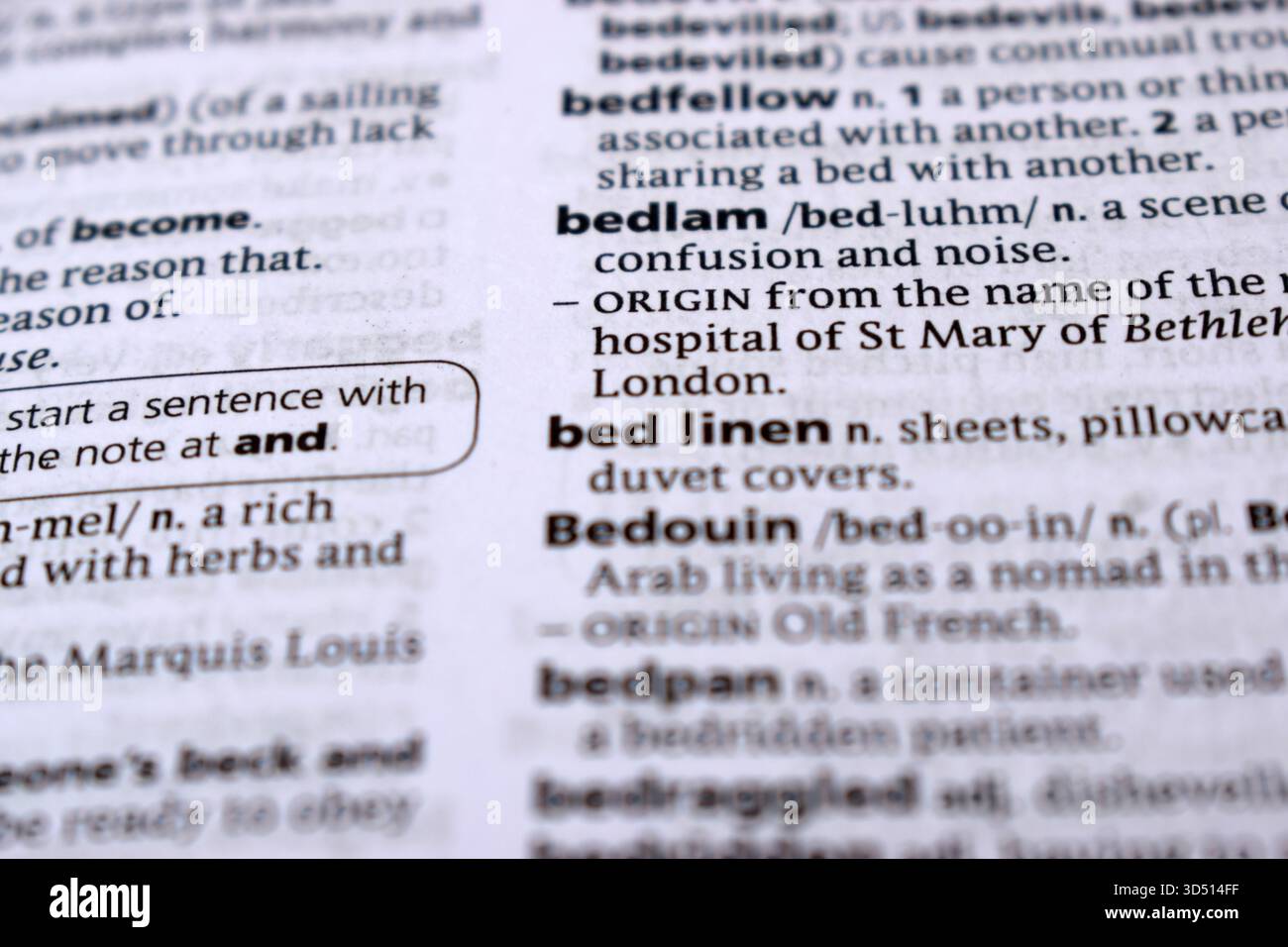 Close Up Of English Dictionary Page With Word - bedlam Stock Photo