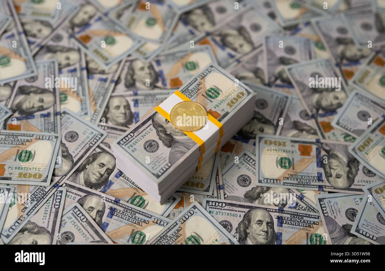 Exchange bitcoin cash for a dollars, banner background, cryptocurrency on  US dollar bills, digital modern method of payment concept with copy space  ph Stock Photo - Alamy