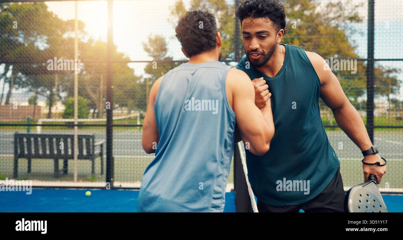 Fitness, hug and men at tennis court with support, thank you and ...