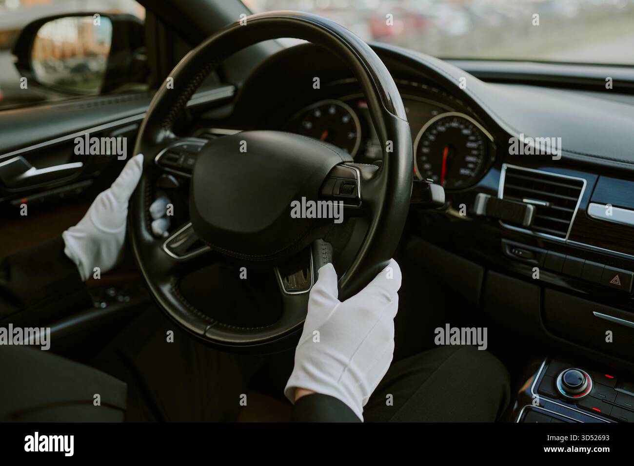 Middle Aged Man Driving Luxury Car Wearing Gloves Stock Photo