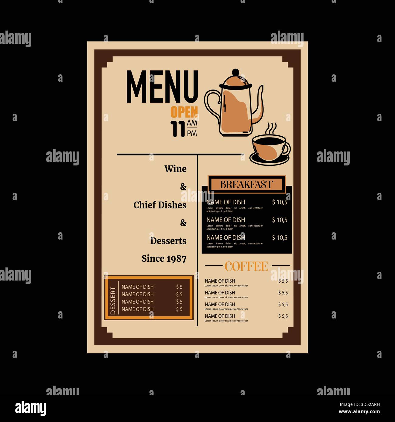 Coffee shop menu brochure template with hand drawn elements. Stock Vector
