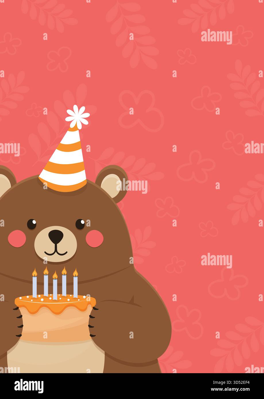 Happy Birthday Greeting Card Template With Bear Vector Illustration ...