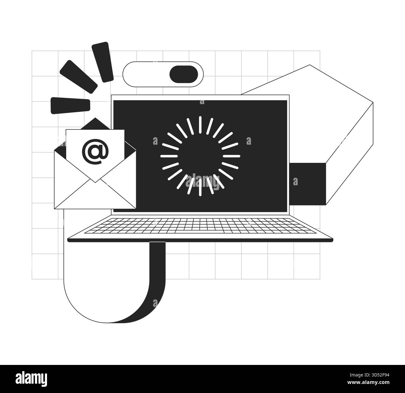 Email and loading throbber on laptop line onboarding ui illustration Stock Vector