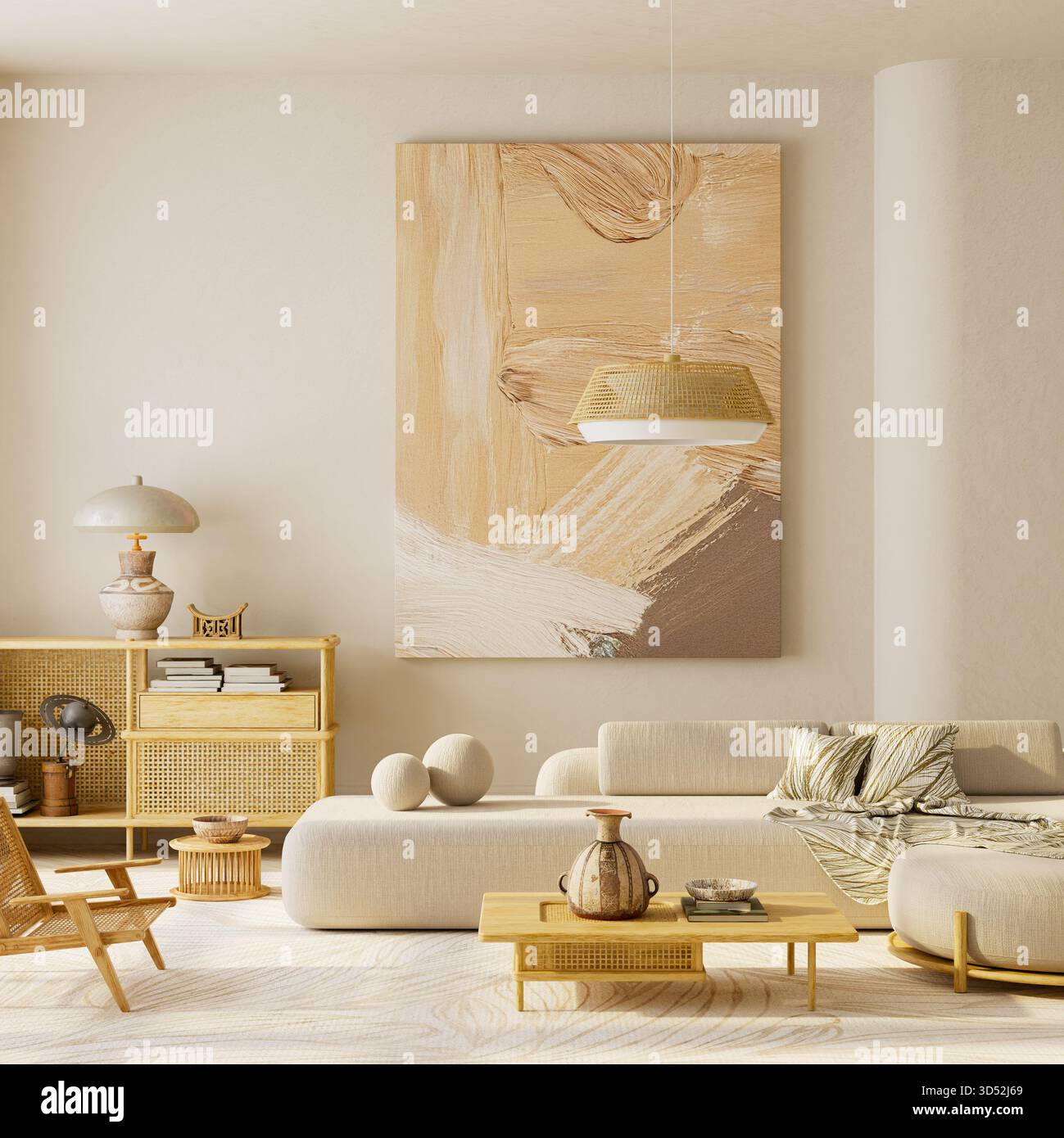 Bright Japandi style living room interior featuring warm natural light, wooden furniture, soft neutral colors, and cozy textures in a modern apartment Stock Photo