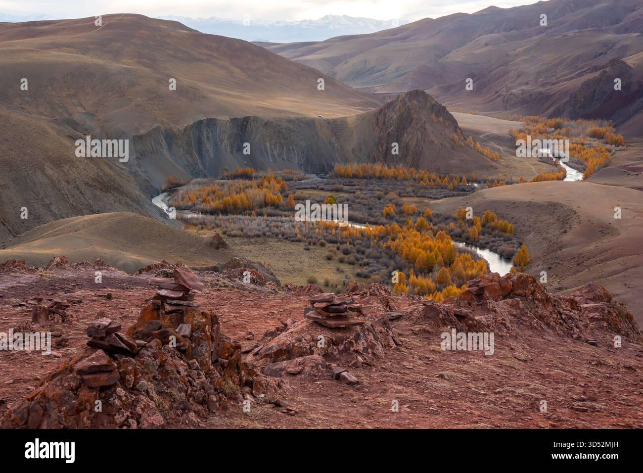 Majestic valley with river bending through autumnal trees surrounded by arid hills and horizon Stock Photo