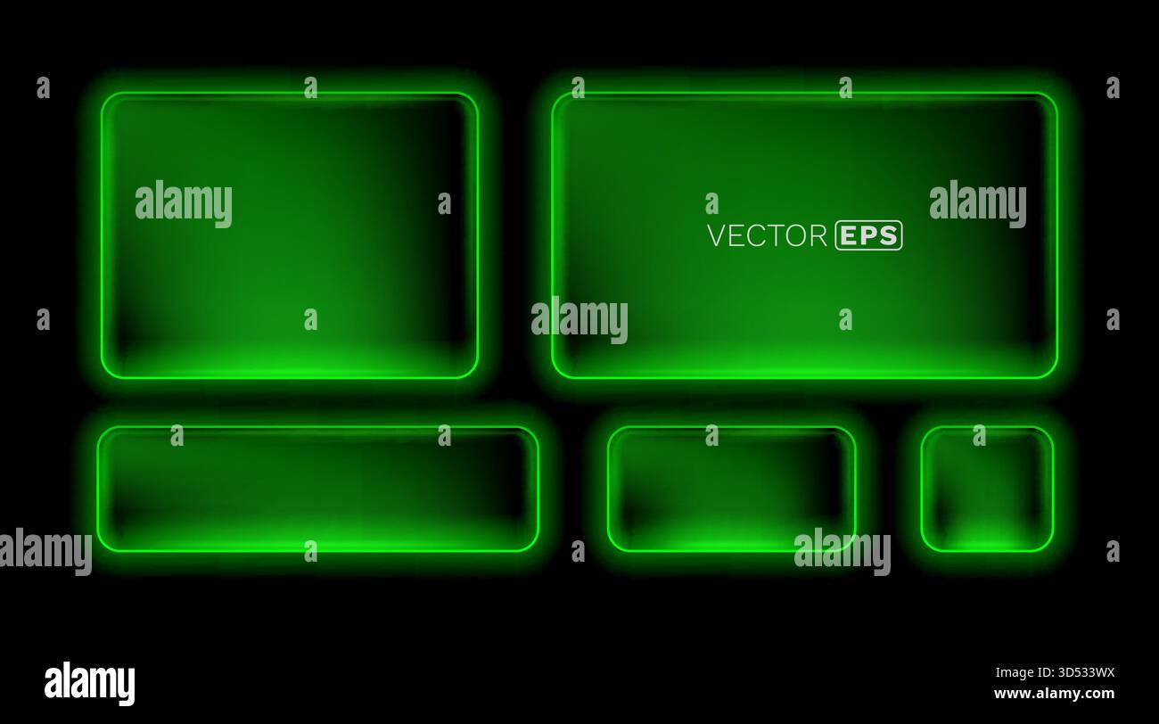 Green Neon Frames with Glowing Effect. Modern digital light boxes set on a dark background. Vector illustration Stock Vector