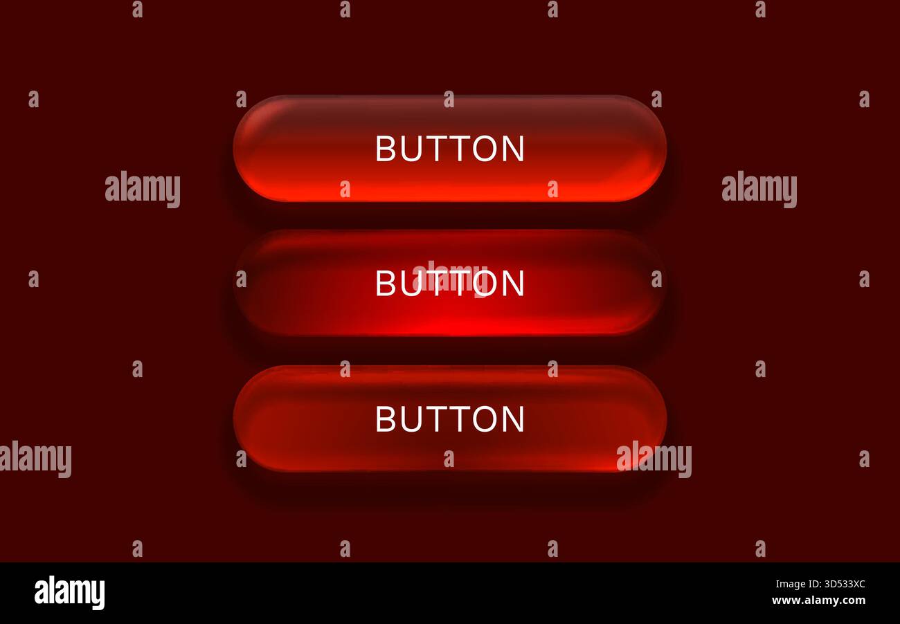 Bottom Button 3 Modern UI buttons. Three glossy red action elements on dark background ...