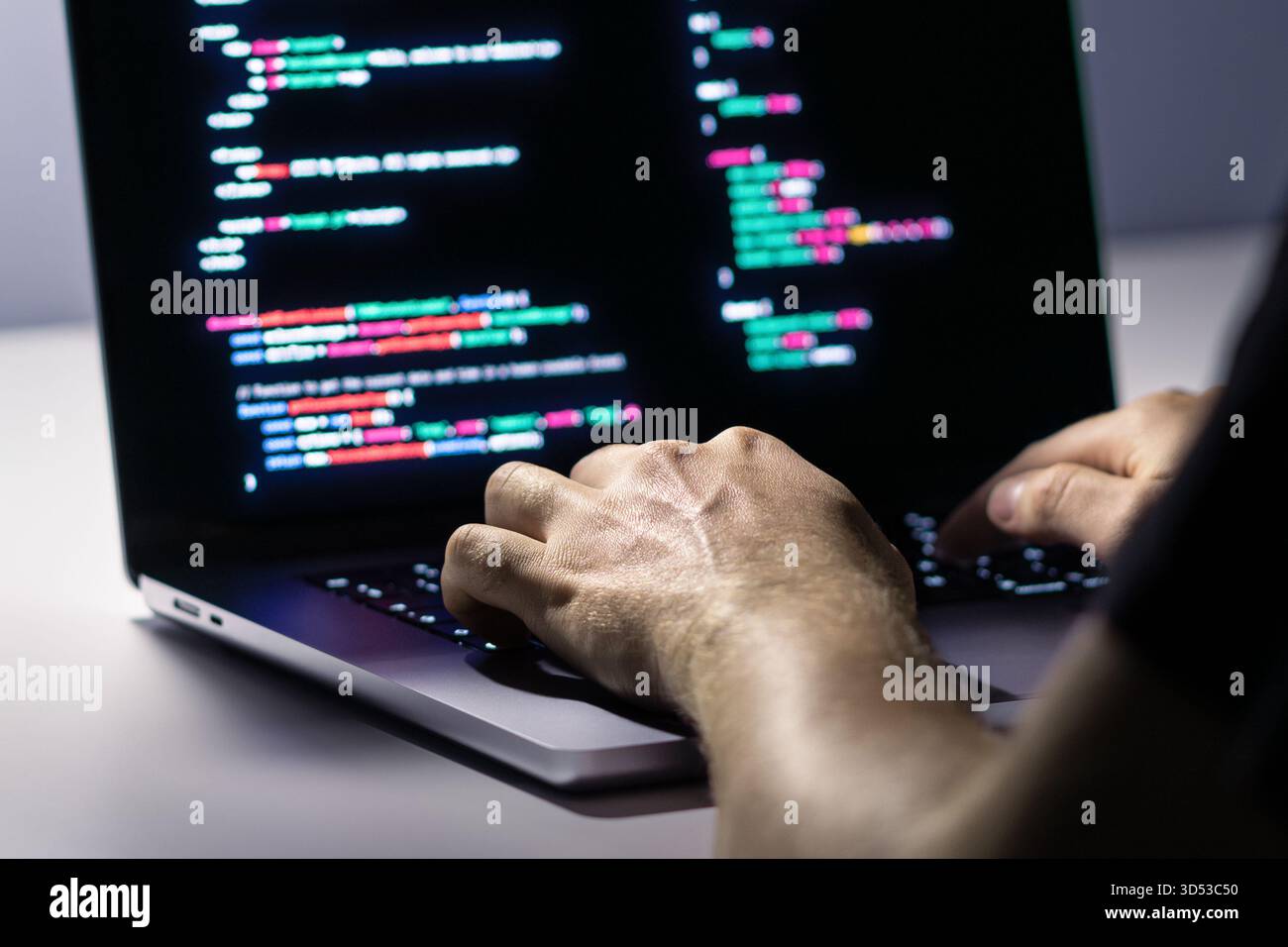 Cyber attack or malware hacker. Cyberattack to computer data. Cybersecurity. Ransomware code. Security software against spyware. Fraud, virus. Stock Photo