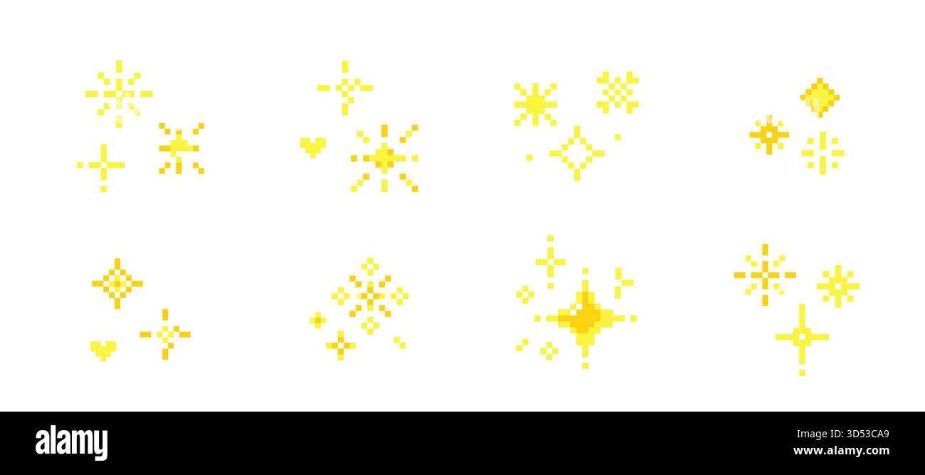 Pixel set sparks, retro game stars, whimsical y2k 8 bit elements ...