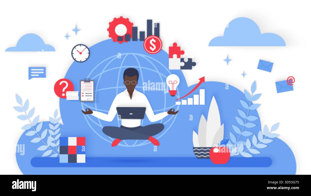 Business person multitasking laptop surrounded productivity icons ...