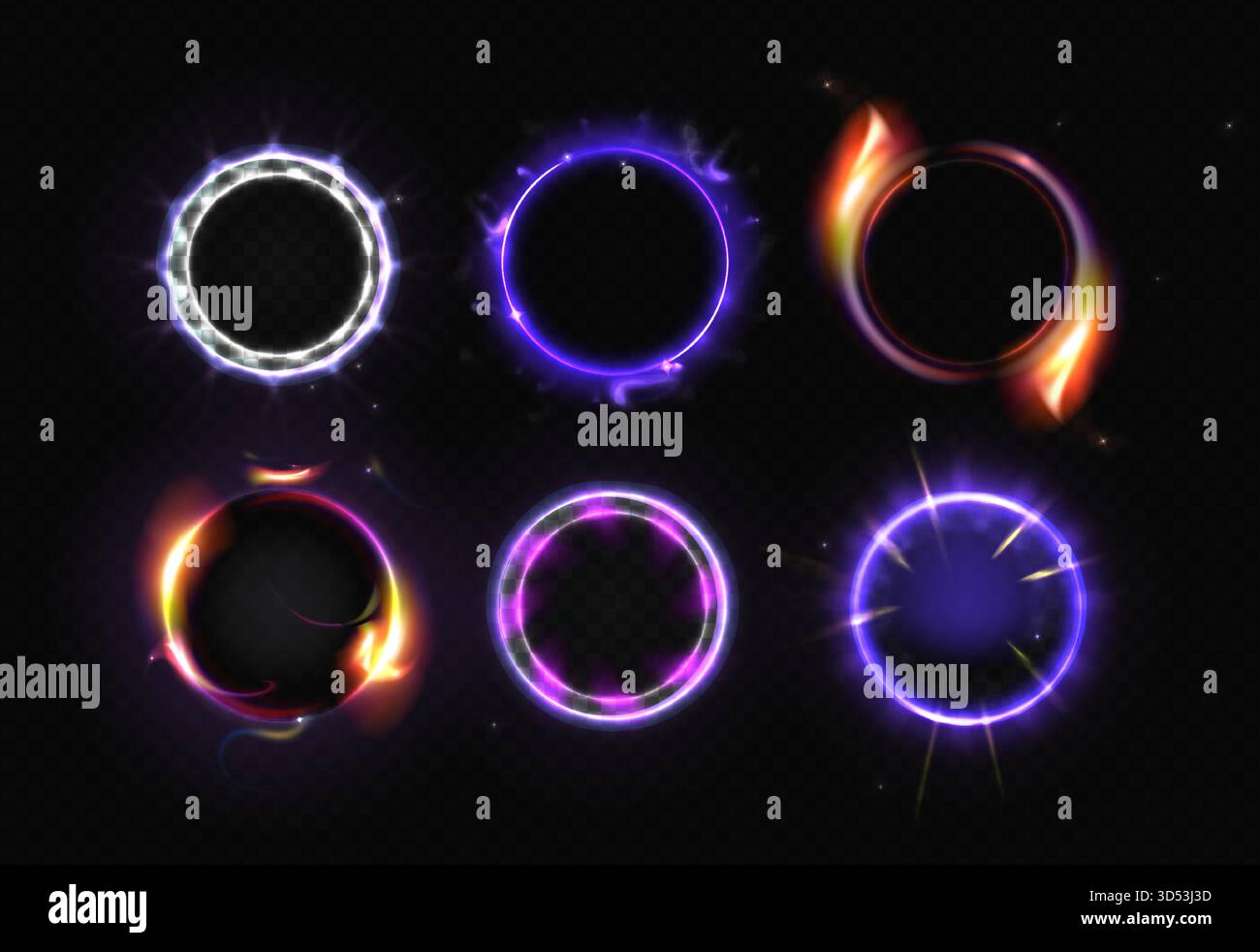 Neon halo circles set isolated on black background. Vector realistic ...
