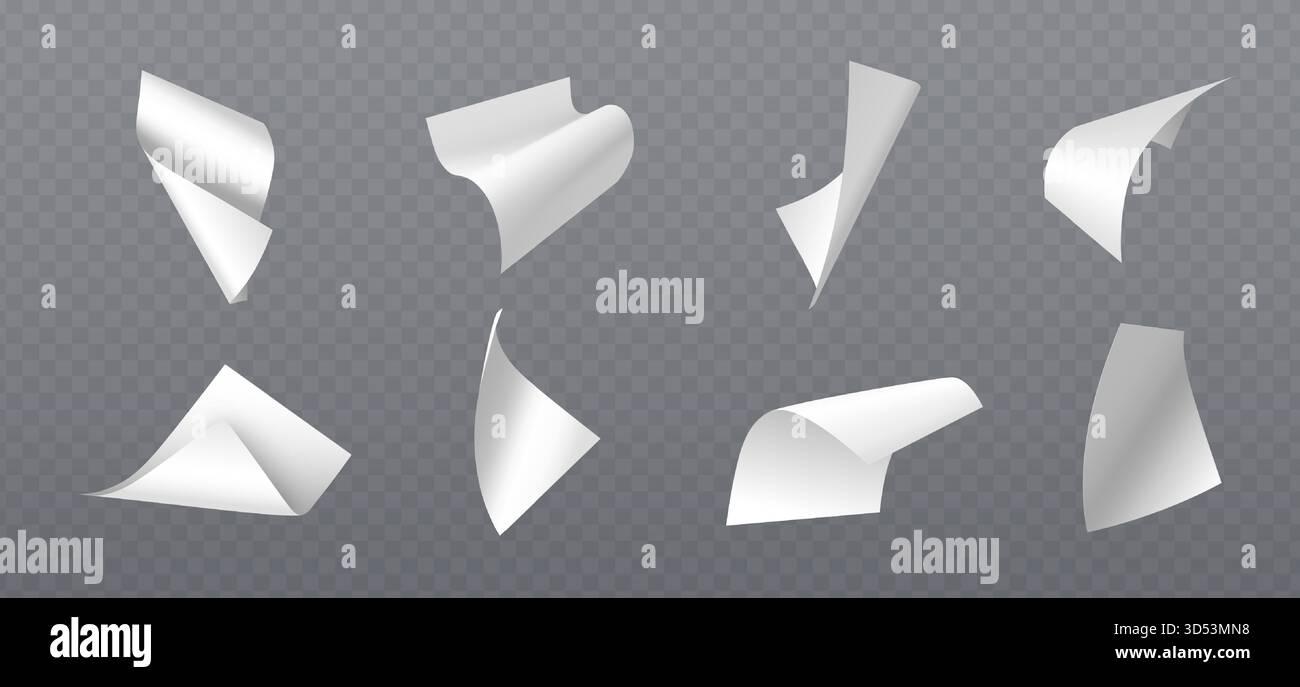Falling blank paper sheets set isolated on transparent background. Vector realistic illustration of empty white pages flying in air with folded edges and soft shadows, letter mockup, draft document Stock Vector