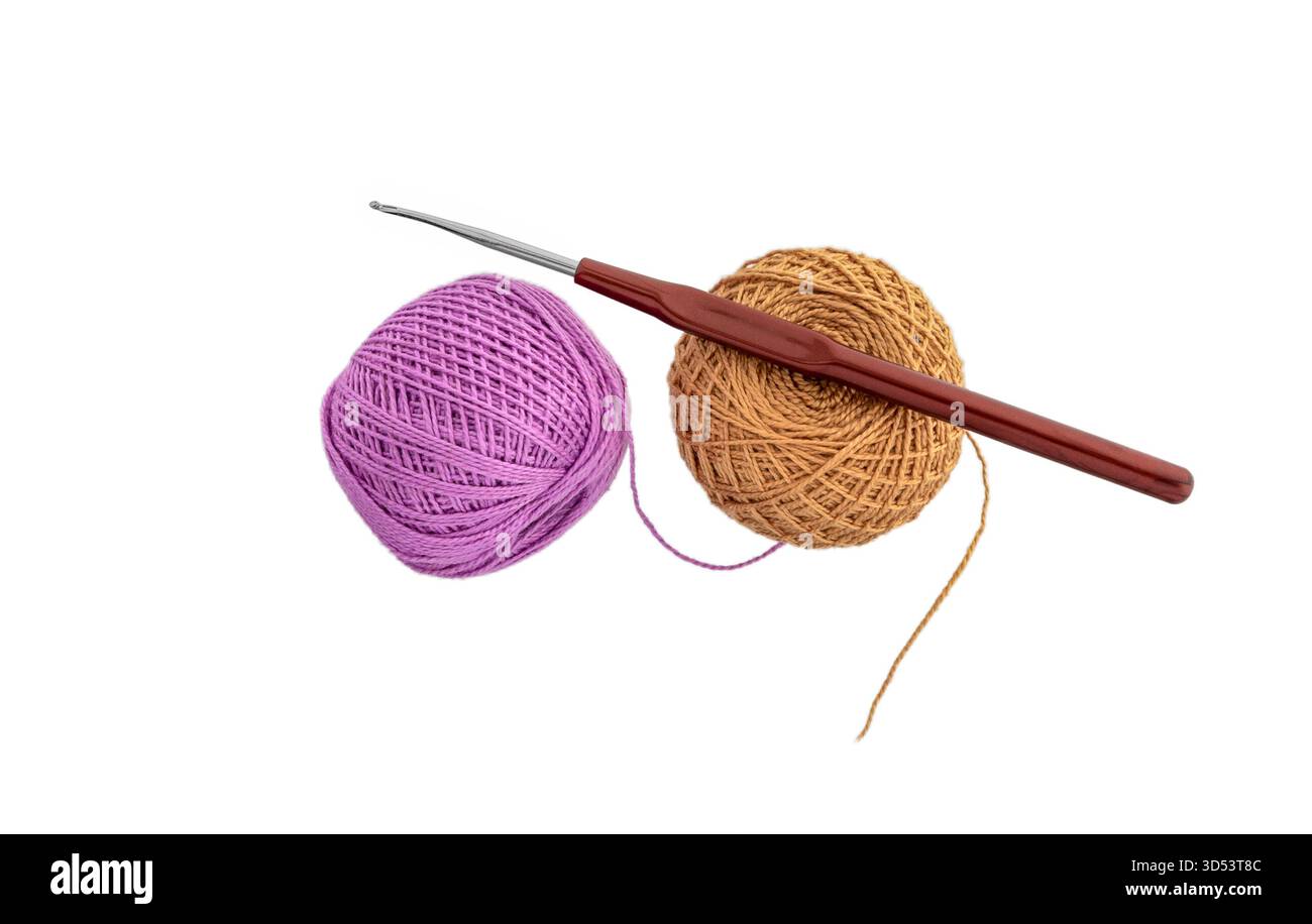 Crochet thread and hook isolated on white background. Crochet kit. Stock Photo