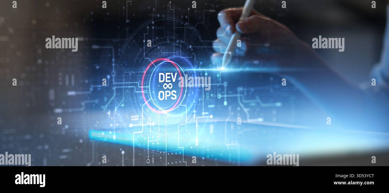 DevOps Integration and Continuous Deployment Technology Illustrated on Futuristic Digital Interface. Stock Photo