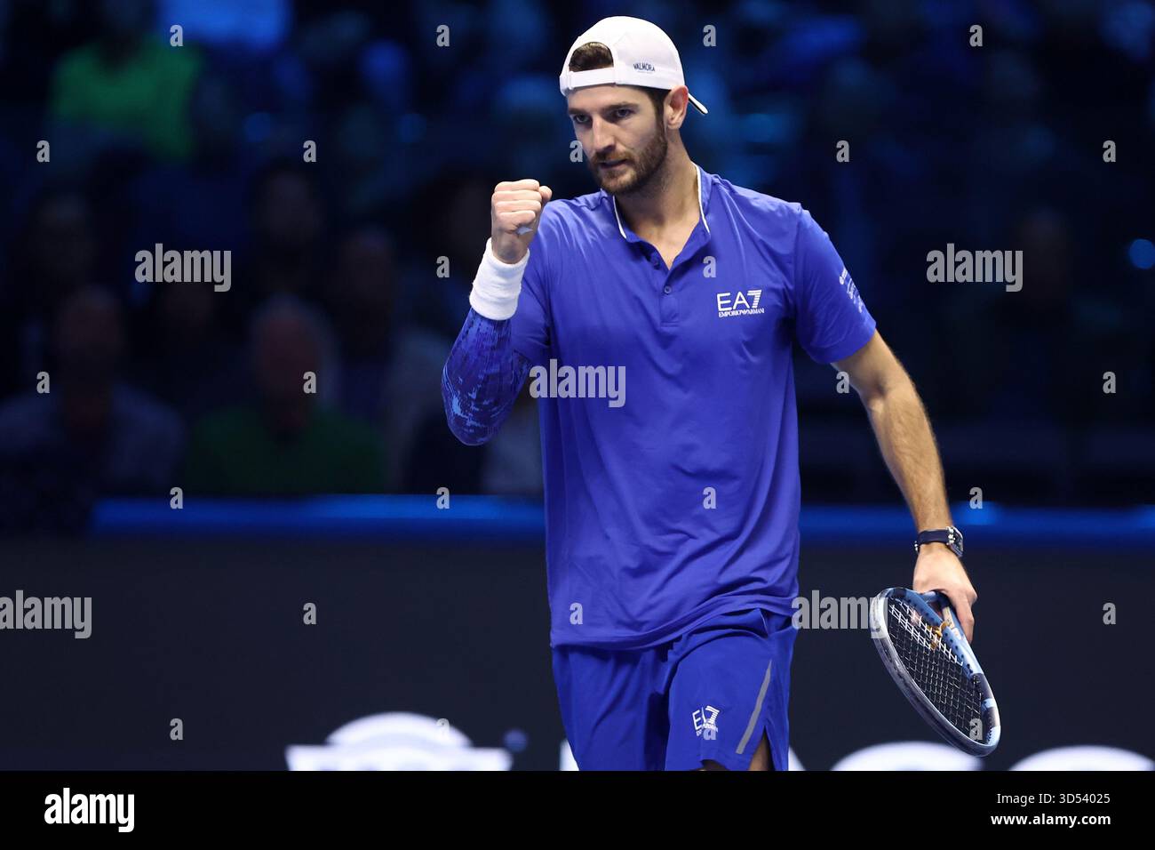 Turin, Italy. 13th Nov, 2025. Andrea Vavassori of Italy celebrates during the Round Robin doubles match between Kevin Krawietz of Germany and Tim Puetz of Germany against Simone Bolelli of Italy and Andrea Vavassori of Italy on Day five of the Nitto ATP World Tour Finals. Credit: Marco Canoniero/Alamy Live News Stock Photo