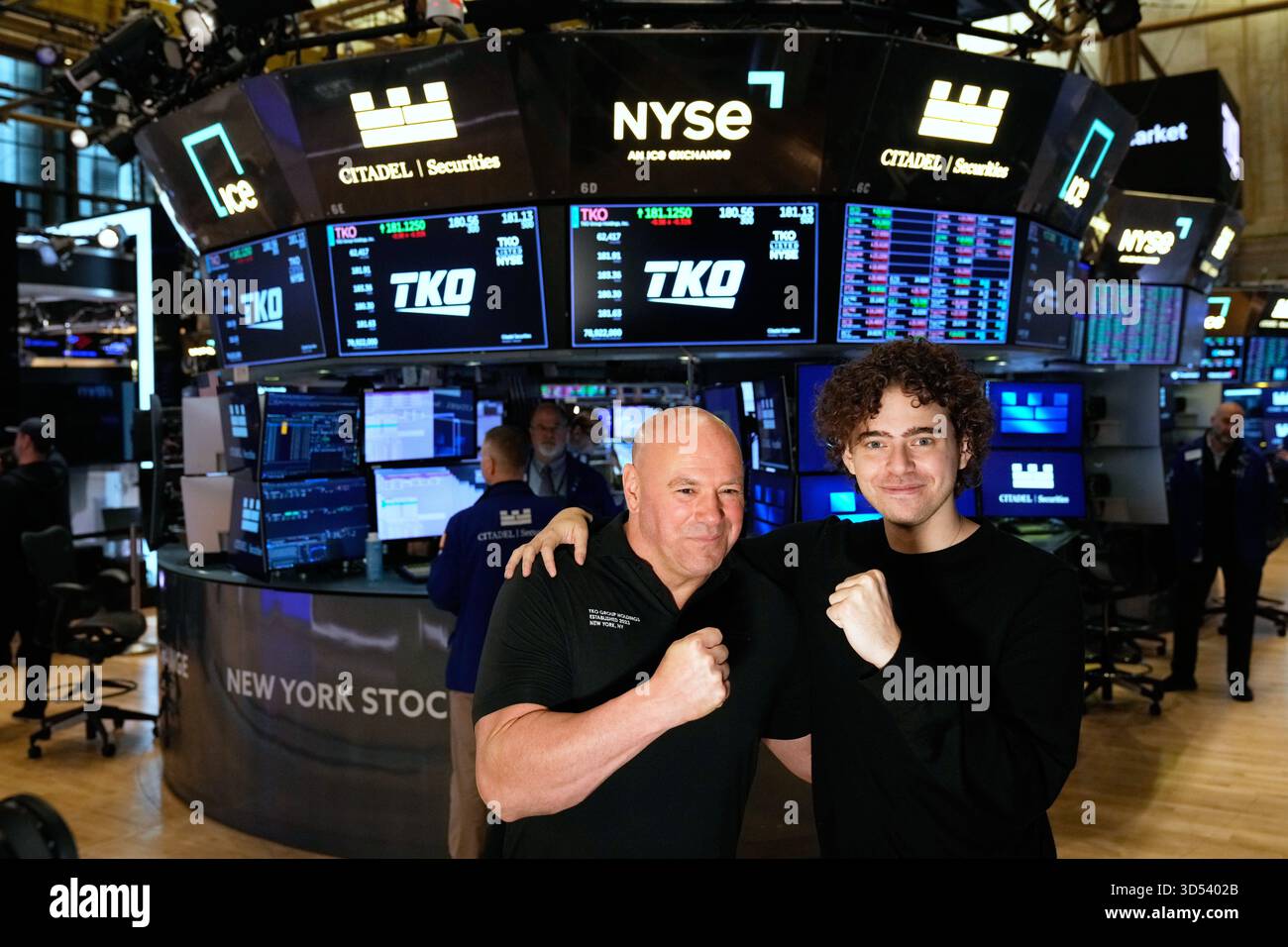PolyMarket CEO Shayne Coplan, right, and UFC CEO Dana White pose for a ...