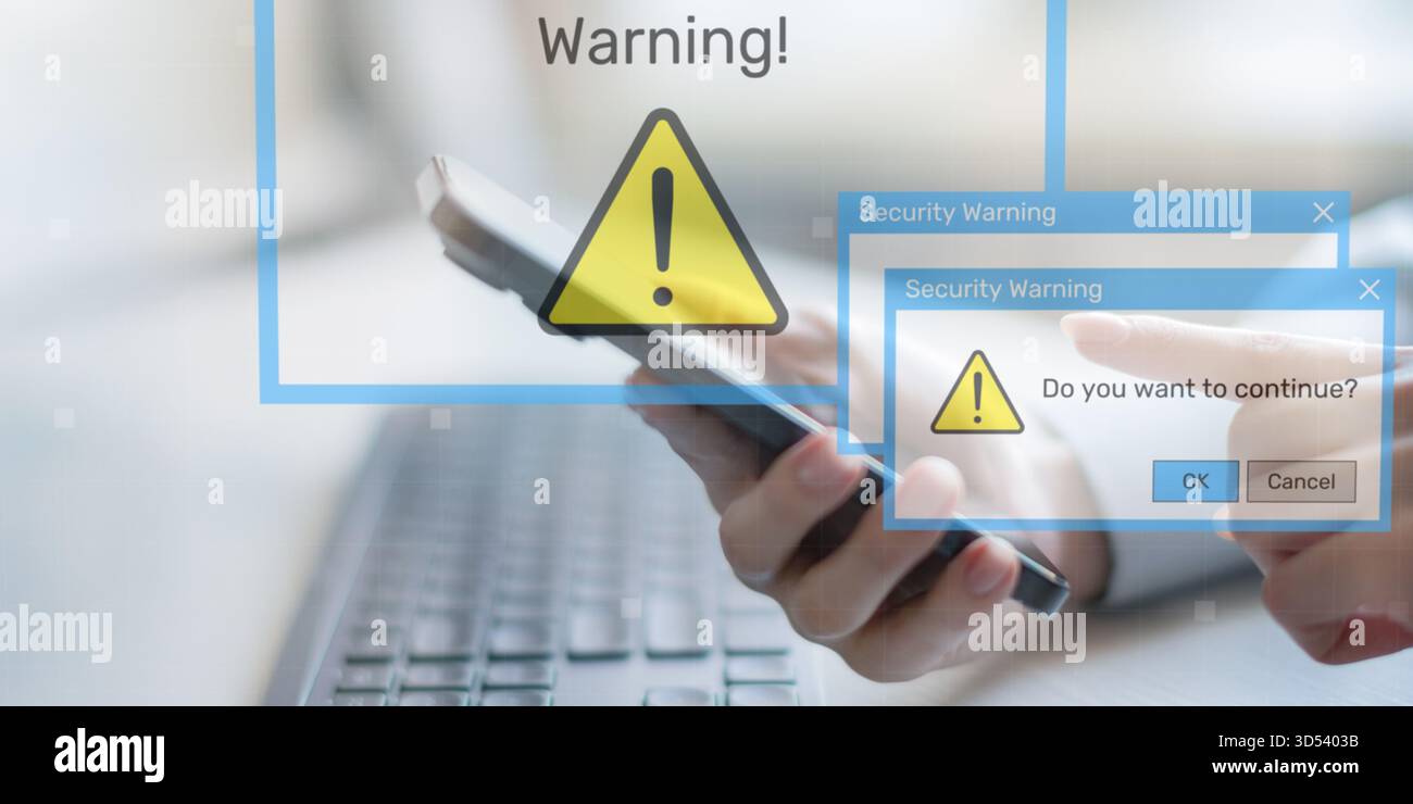 Security Warning Notifications Displayed on Digital Interface with Risk Alert Symbols. Stock Photo