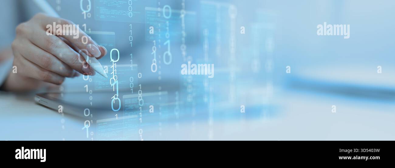 Binary Code and Digital Data Streams Displayed on Futuristic Transparent Interface. Stock Photo