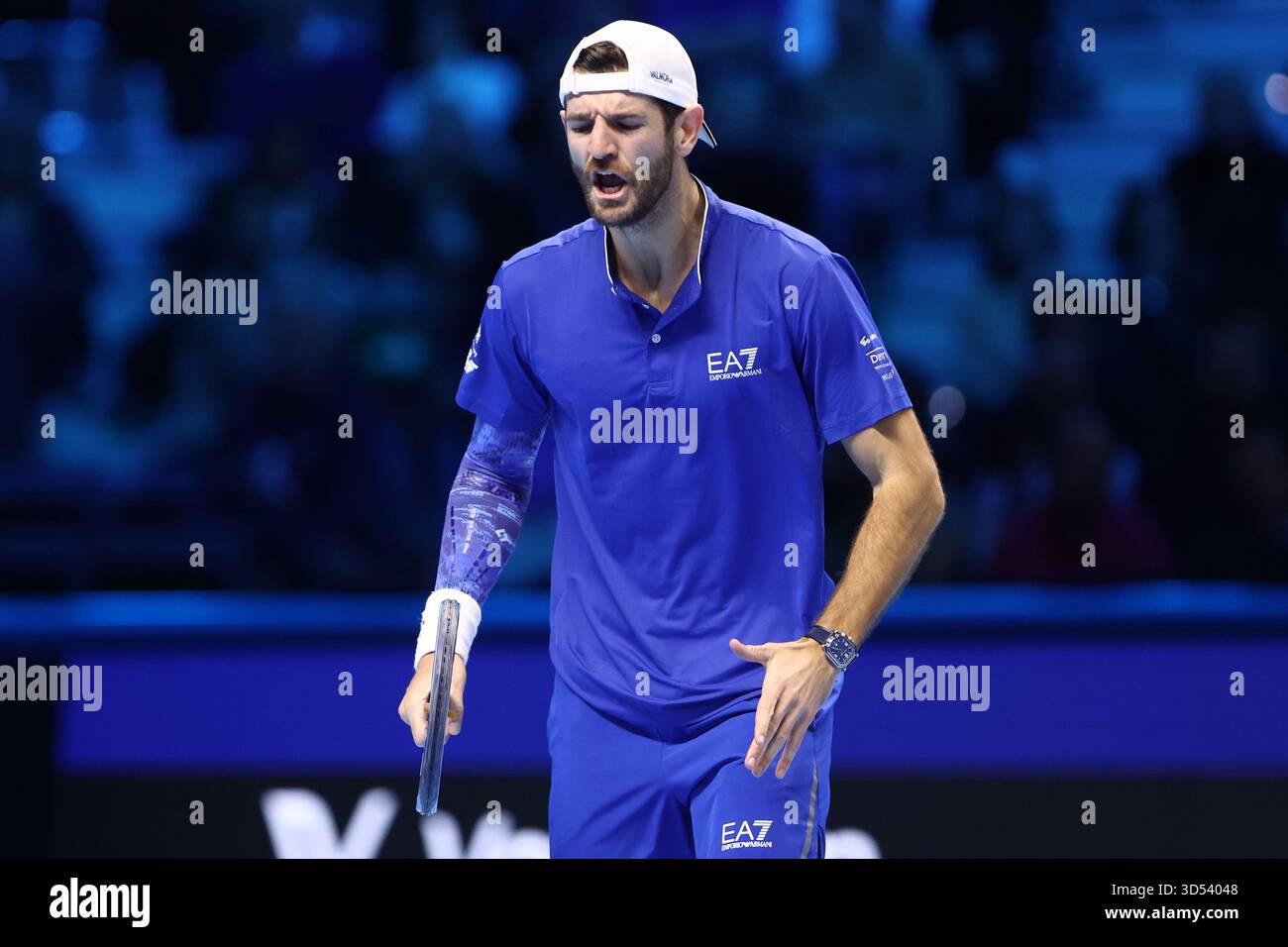 Turin, Italy. 13th Nov, 2025. Andrea Vavassori of Italy yells during the Round Robin doubles match between Kevin Krawietz of Germany and Tim Puetz of Germany against Simone Bolelli of Italy and Andrea Vavassori of Italy on Day five of the Nitto ATP World Tour Finals. Credit: Marco Canoniero/Alamy Live News Stock Photo