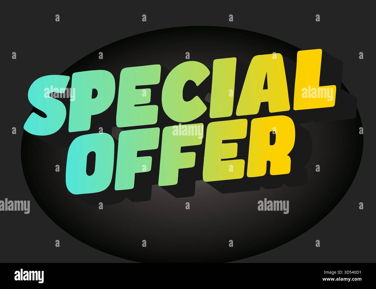 A vibrant graphic featuring the text Special Offer in bold, colorful typography. The letters are a gradient of teal to yellow, set against a dark back Stock Vector