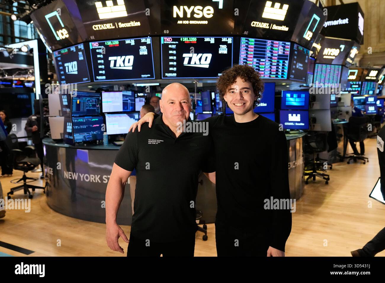 PolyMarket CEO Shayne Coplan, right, and UFC CEO Dana White pose for a ...