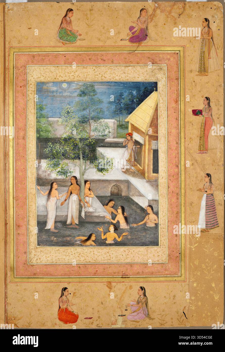 Page from the Late Shah Jahan Album Harem Night-Bathing Scene (recto) Stock Vector