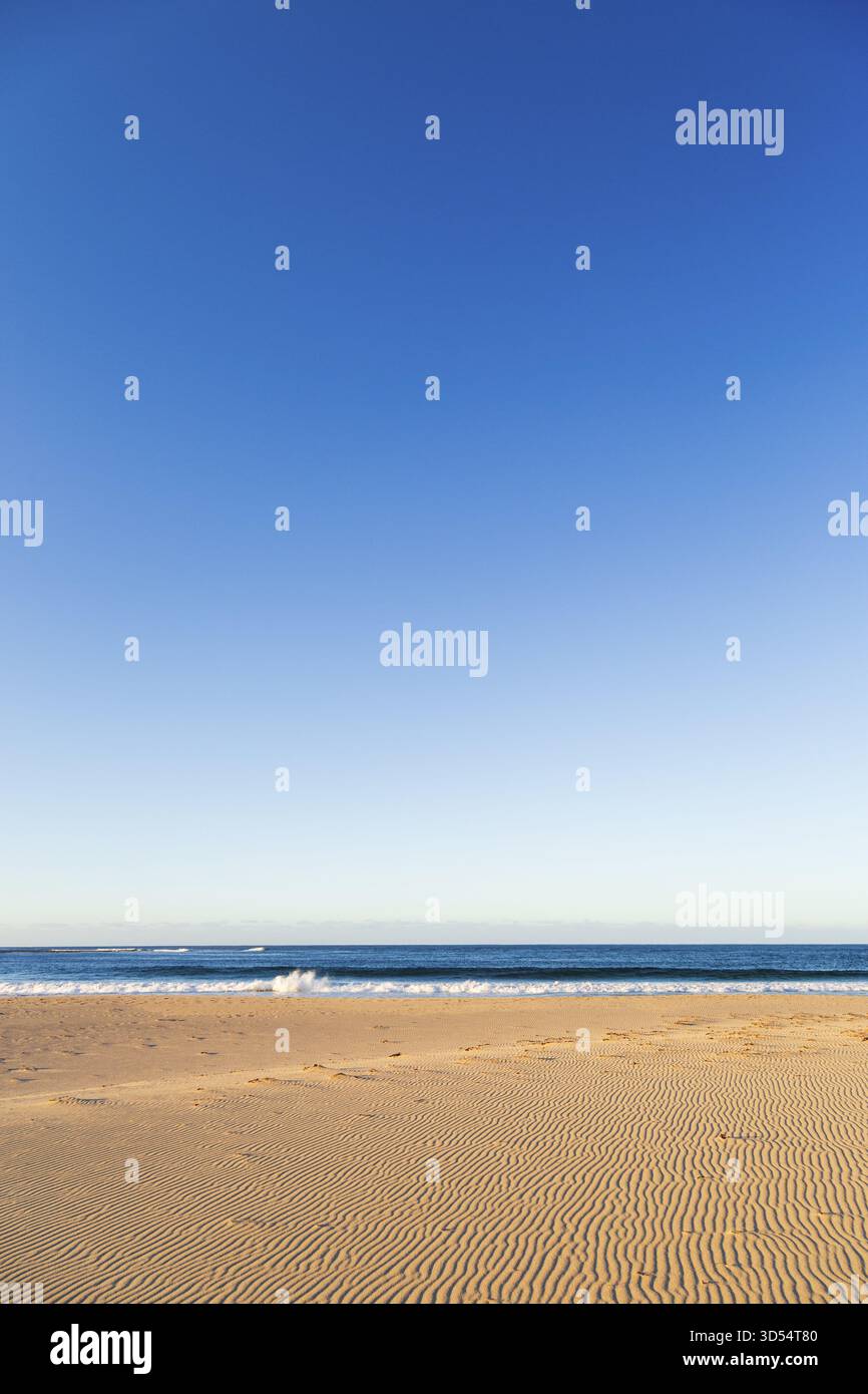 Vast sandy beach under a clear blue sky meeting the tranquil ocean ...