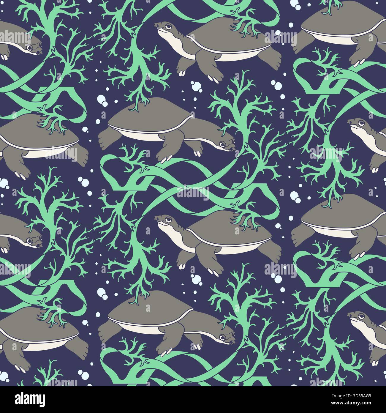 Cute sea turtles and algae coastal seamless pattern vector illustration Stock Vector