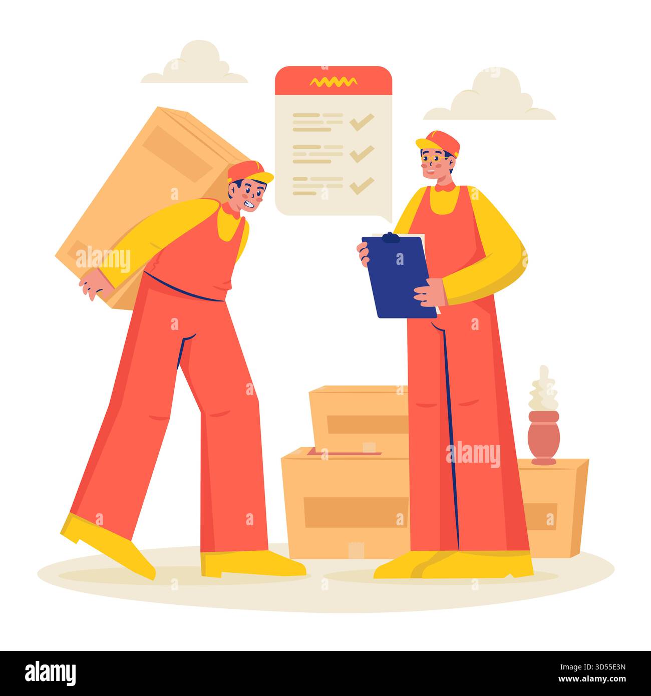 Moving Workers Carrying Boxes and Checklist Vector Illustration Stock Vector