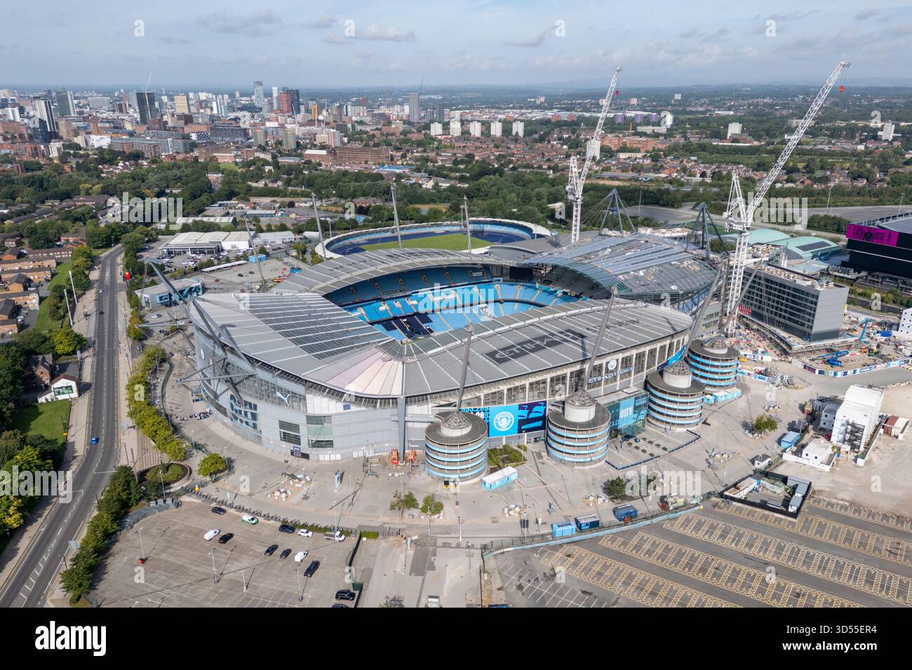 Aerial view of the City of Manchester Stadium, currently known as Etihad Stadium, home of Manchester City FC, Manchester, UK. Stock Photo