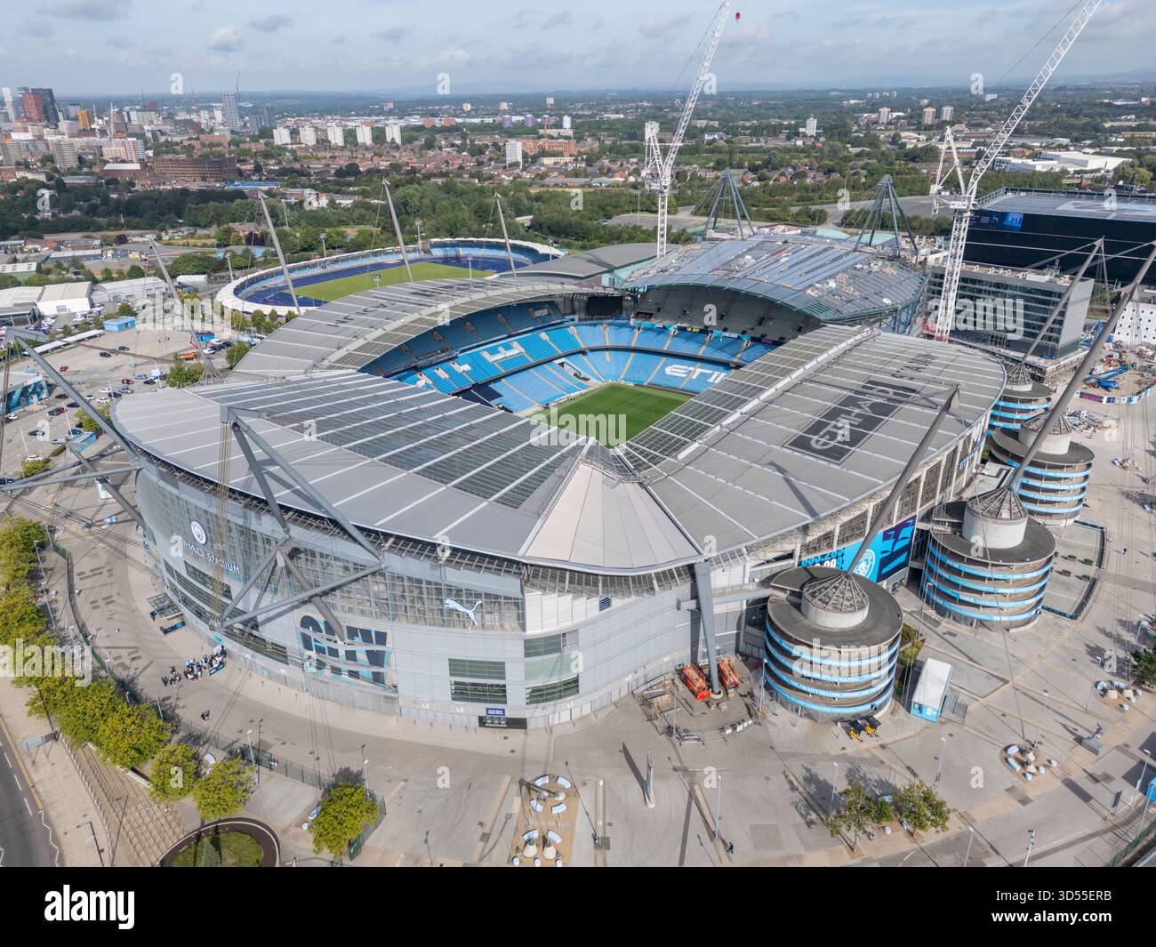 Aerial view of the City of Manchester Stadium, currently known as Etihad Stadium, home of Manchester City FC, Manchester, UK. Stock Photo