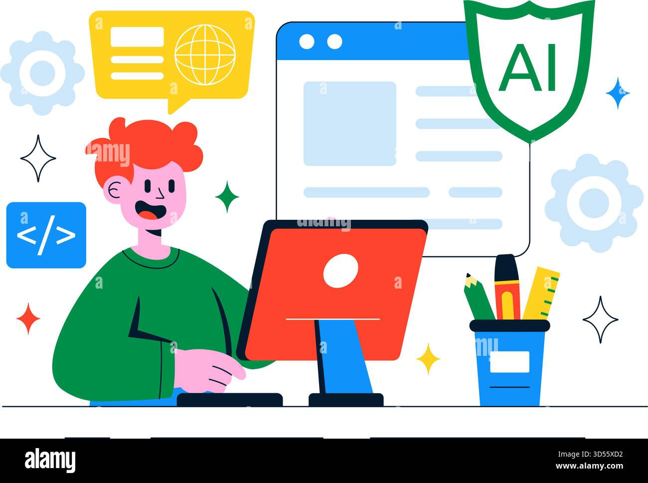 AI Writing Assistant Illustration with Artificial Intelligence Technology For Translation, Chatbot Interaction, Code Generation, And Article Writing Stock Vector
